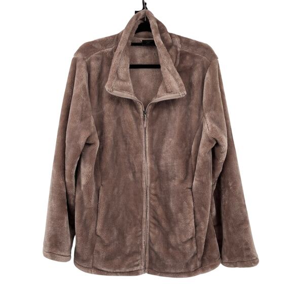 32 Degree Heat Taupe Brown Tan Faux Fur Zip Pockets Teddy Bear Fleece Jacket - Picture 1 of 7